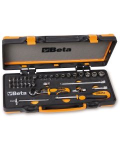 COFFRET METALLIQUE AVEC PLATEAU EN MOUSSE COMPACTE COMPRENANT 1 CLIQUET AVEC 12 DOUILLES 6 PANS 20 EMBOUTS POUR VISSEUSES ET 6 ACCESSOIRES