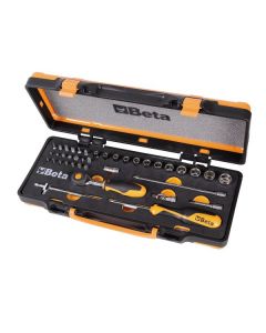 COFFRET METALLIQUE AVEC PLATEAU EN MOUSSE COMPACTE AVEC UN 1 CLIQUET REVERSIBLE A MANCHE ROTATIF  AVEC 12 DOUILLES 6 PANS 20 EMBOUTS POUR VISSEUSES ET 6 ACCESSOIRES