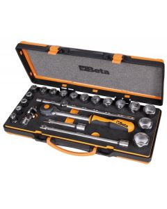 COFFRET METALLIQUE AVEC PLATEAU EN MOUSSE COMPACT AVEC 1 CLIQUET REVERSIBLE A MANCHE ROTATIF AVEC 17 DOUILLES 6PANS ET 4 ACCESSOIRES