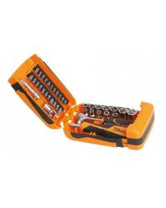 COFFRET PLASTIQUE COMPRENANT 1 CLIQUET AVEC 11 DOUILLES 6 PANS 21EMBOUTS POUR VISSEUSES ET 6 ACCESSOIRES